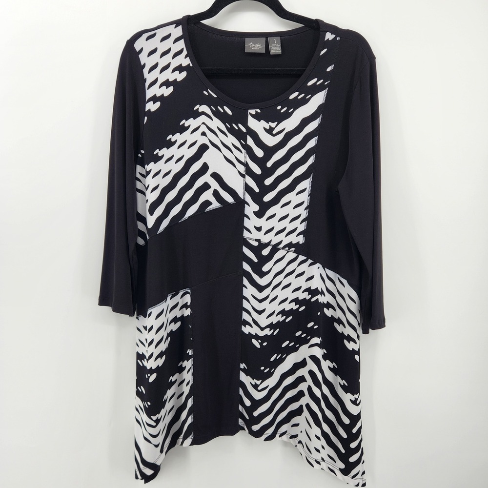 Travelers Collection by Chico's Black‎ White Print 3/4 Sleeve Tunic Top 1 / US M